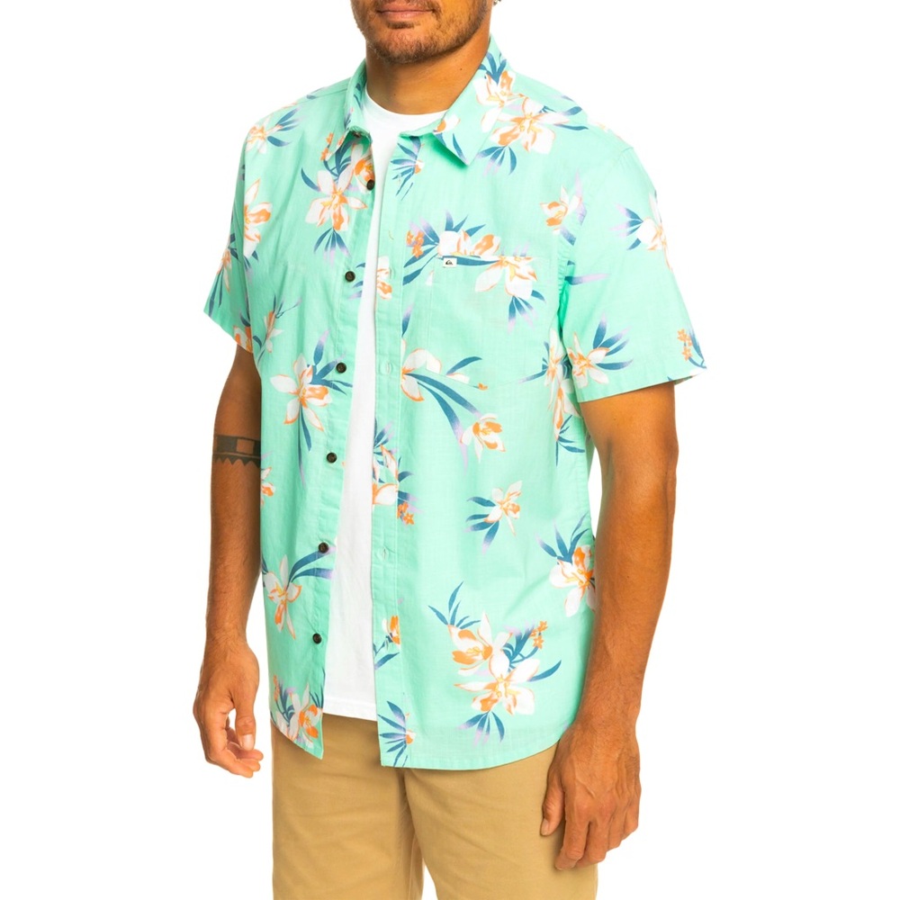 Quicksilver Holidazed Floral Short Sleeve Organic Cotton Button-Up Shirt